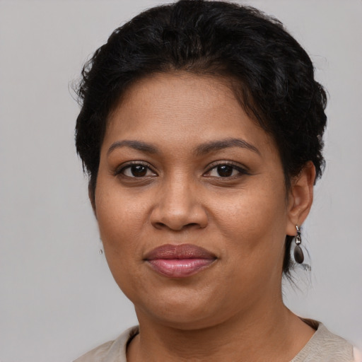 Joyful black adult female with short  brown hair and brown eyes