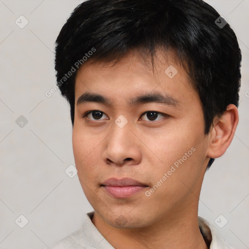 Neutral asian young-adult male with short  black hair and brown eyes