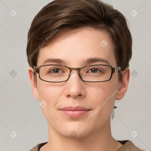 Joyful white young-adult female with short  brown hair and grey eyes