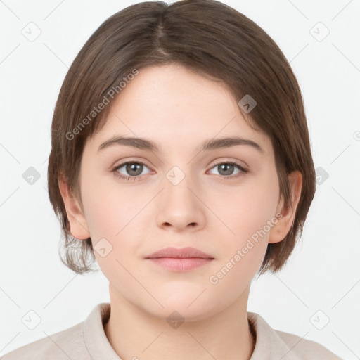 Neutral white young-adult female with medium  brown hair and brown eyes