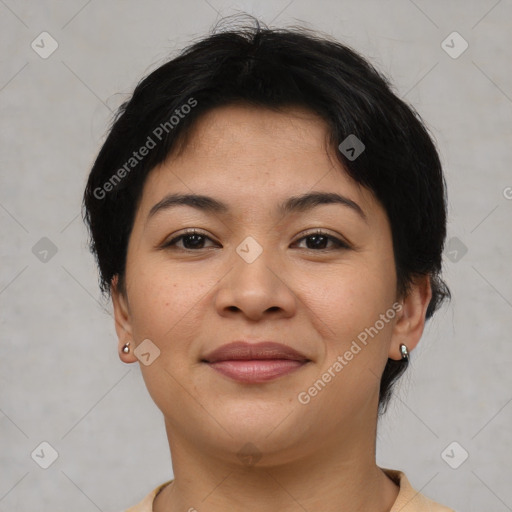 Joyful asian young-adult female with short  brown hair and brown eyes