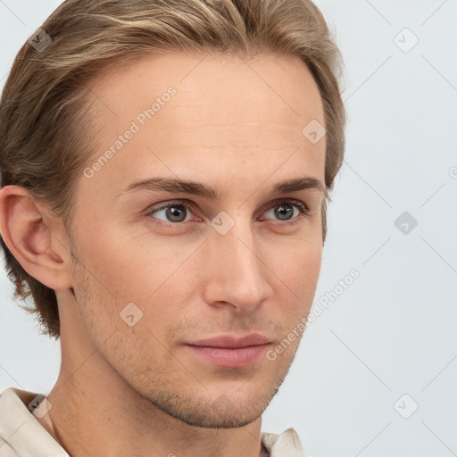 Neutral white young-adult male with short  brown hair and grey eyes