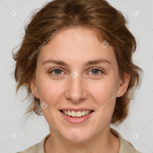 Joyful white young-adult female with medium  brown hair and green eyes