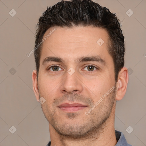 Joyful white young-adult male with short  brown hair and brown eyes