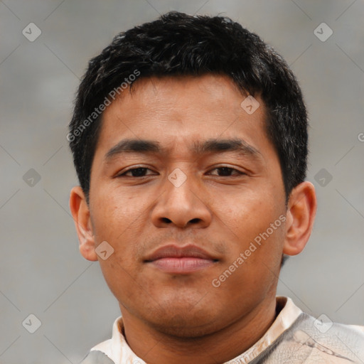 Neutral asian young-adult male with short  brown hair and brown eyes