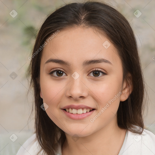 Joyful white child female with medium  brown hair and brown eyes