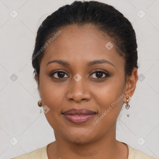 Joyful latino young-adult female with short  brown hair and brown eyes