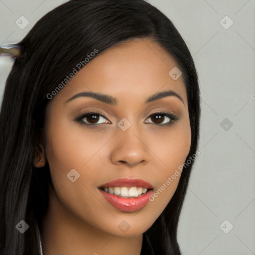 Joyful latino young-adult female with long  black hair and brown eyes