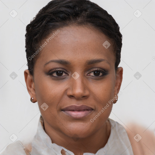 Joyful black young-adult female with short  brown hair and brown eyes