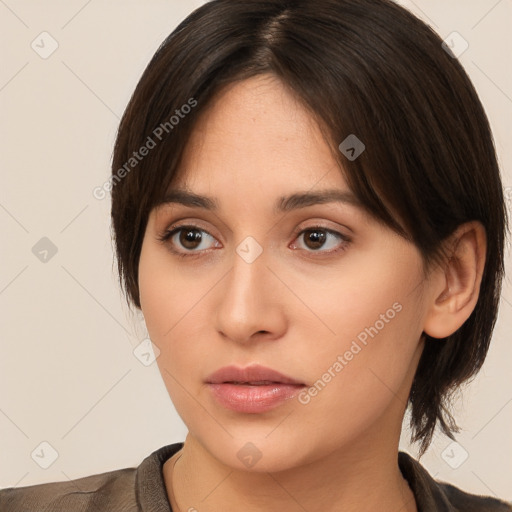 Neutral white young-adult female with medium  brown hair and brown eyes