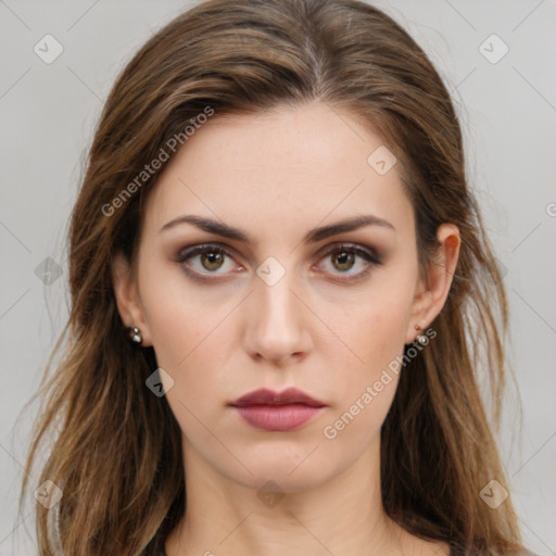 Neutral white young-adult female with long  brown hair and brown eyes