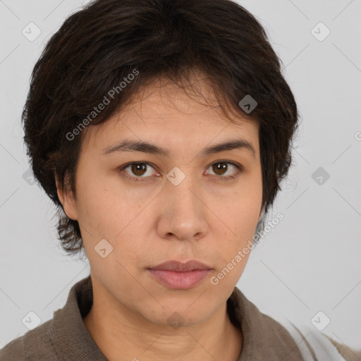 Neutral asian young-adult female with medium  brown hair and brown eyes