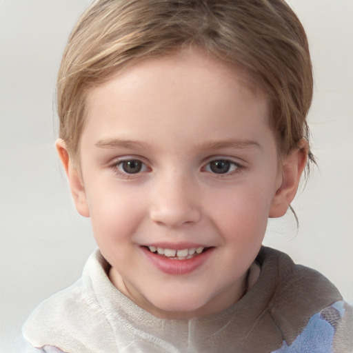 Joyful white child female with medium  brown hair and blue eyes