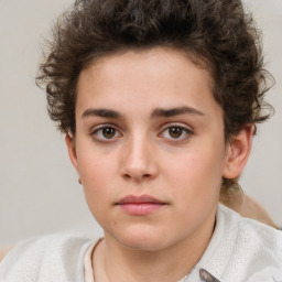 Neutral white young-adult female with short  brown hair and brown eyes