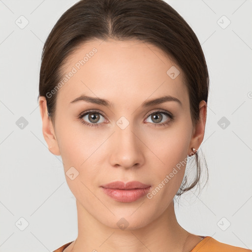 Neutral white young-adult female with medium  brown hair and brown eyes