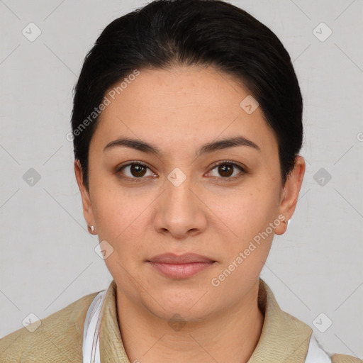 Joyful white young-adult female with short  black hair and brown eyes