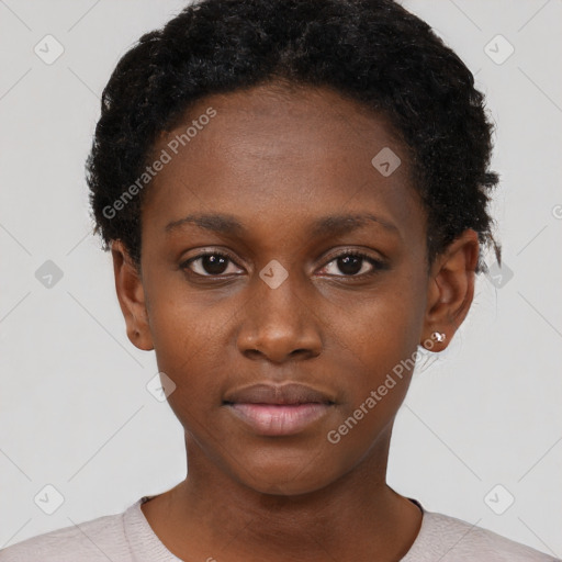 Neutral black young-adult female with short  black hair and brown eyes