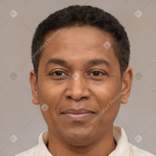 Joyful latino adult male with short  brown hair and brown eyes