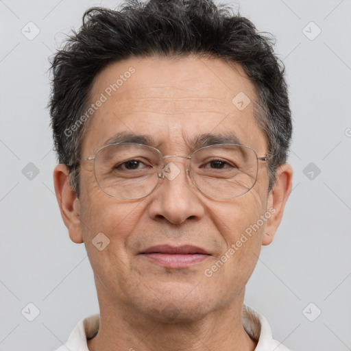 Joyful white middle-aged male with short  brown hair and brown eyes