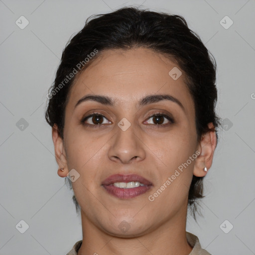 Joyful white young-adult female with short  brown hair and brown eyes