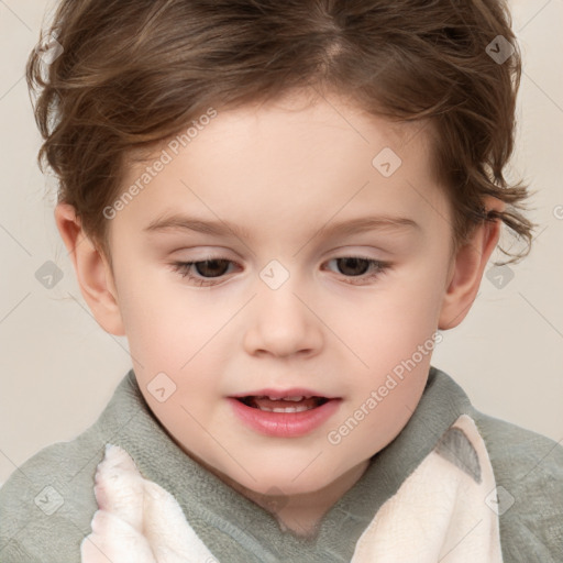 Joyful white child female with short  brown hair and brown eyes