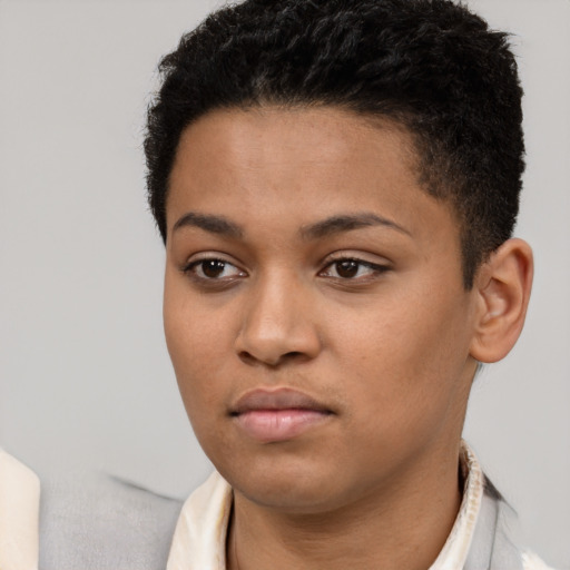 Neutral latino young-adult female with short  black hair and brown eyes