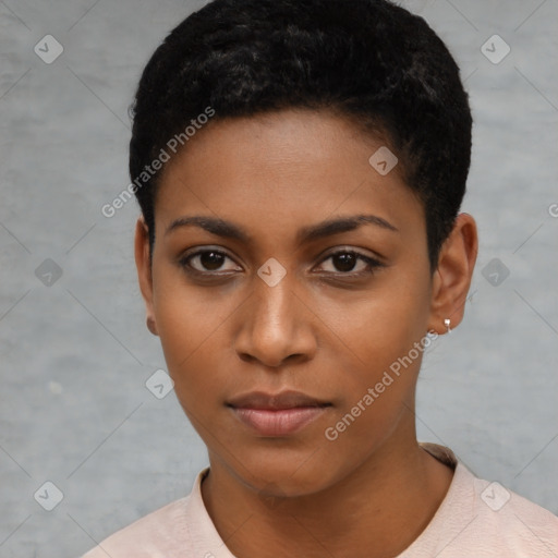 Neutral black young-adult female with short  black hair and brown eyes