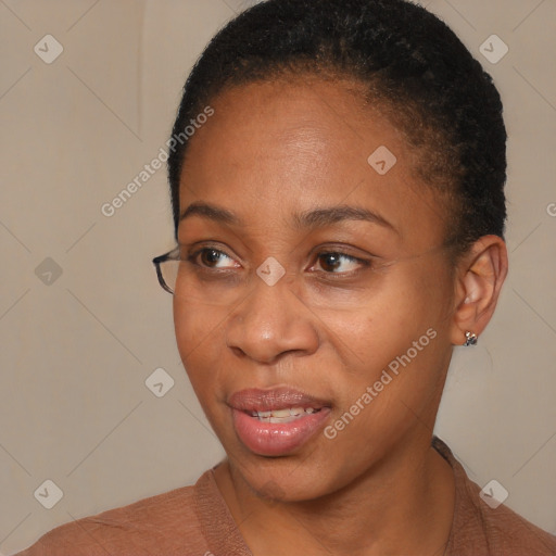 Joyful black young-adult female with short  black hair and brown eyes