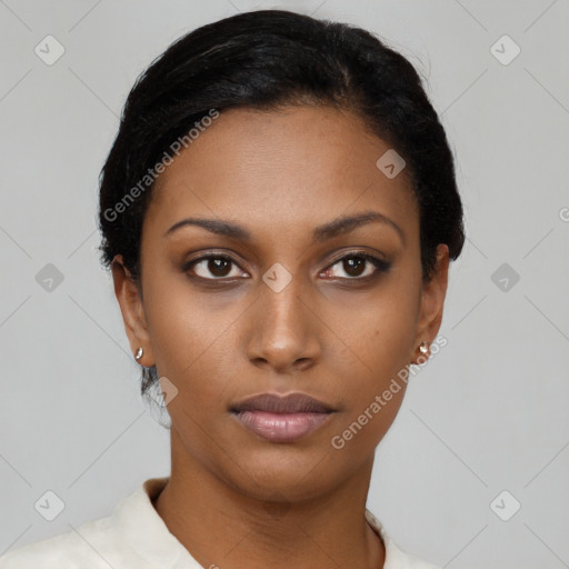 Neutral black young-adult female with short  black hair and brown eyes