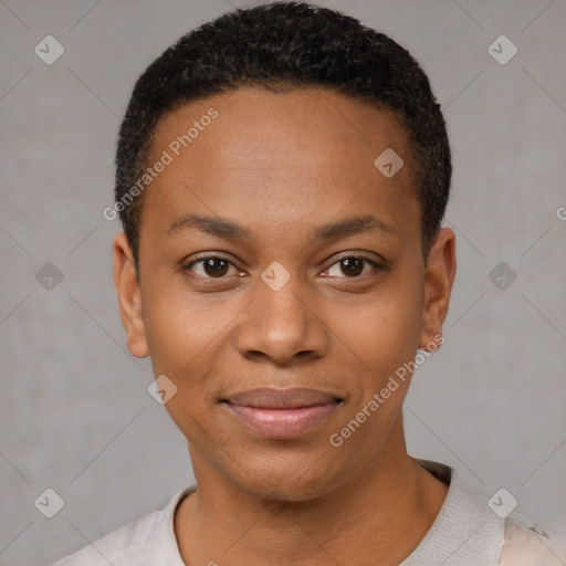 Joyful black young-adult female with short  black hair and brown eyes