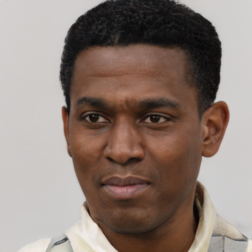Joyful black young-adult male with short  black hair and brown eyes