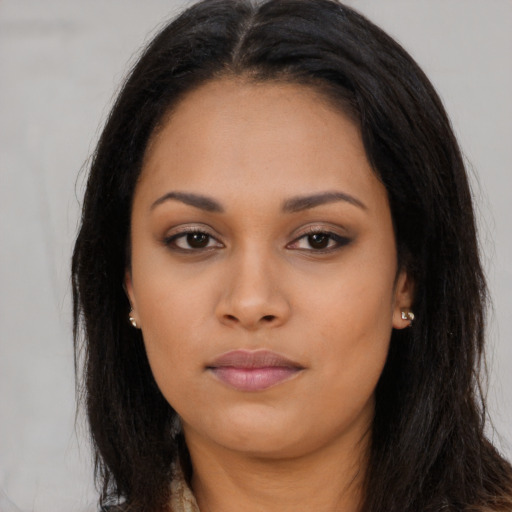 Neutral asian young-adult female with long  brown hair and brown eyes
