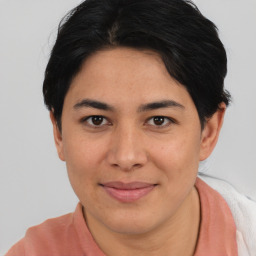 Joyful asian young-adult female with short  brown hair and brown eyes