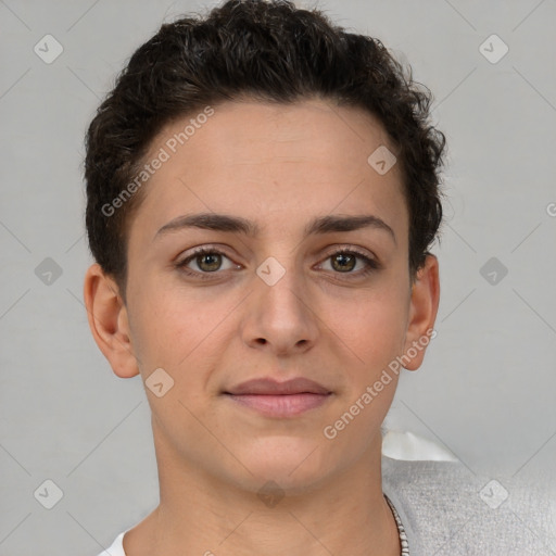 Neutral white young-adult female with short  brown hair and brown eyes