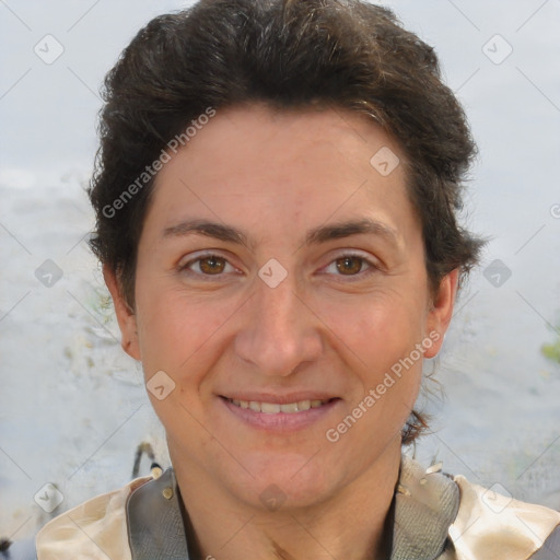 Joyful white adult female with short  brown hair and brown eyes