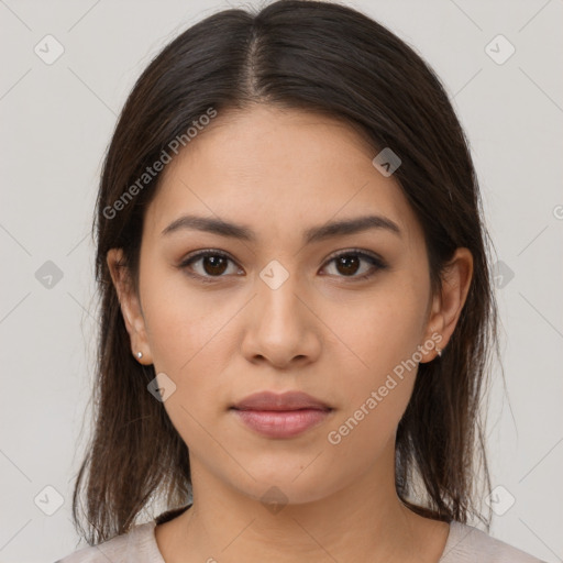 Neutral white young-adult female with medium  brown hair and brown eyes