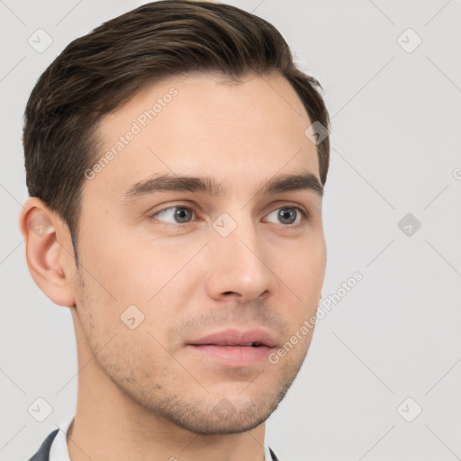 Neutral white young-adult male with short  brown hair and brown eyes