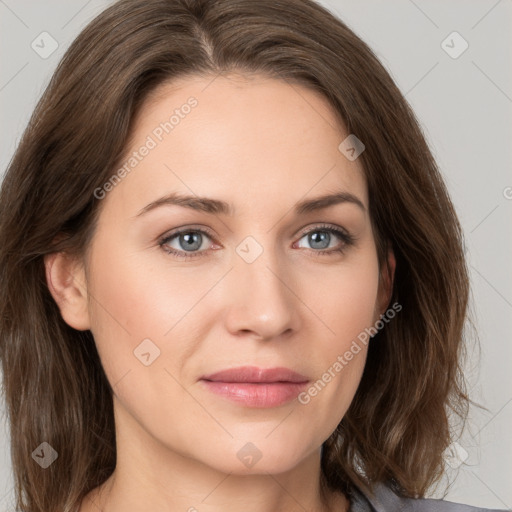 Joyful white young-adult female with medium  brown hair and green eyes