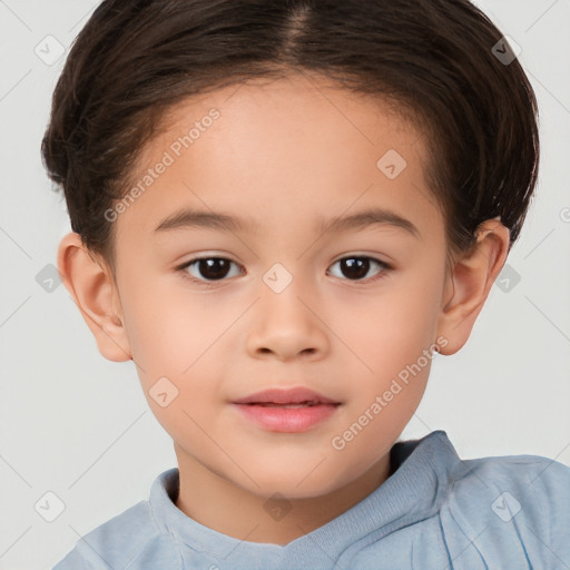 Joyful white child female with short  brown hair and brown eyes