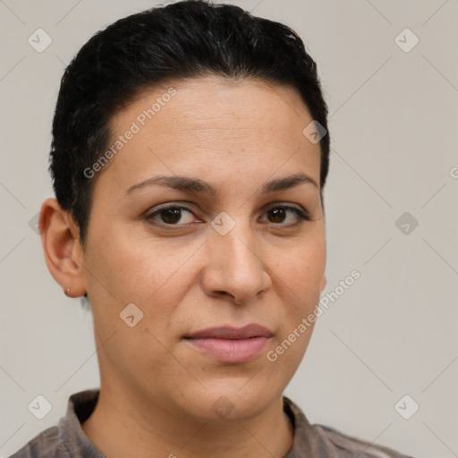 Joyful latino young-adult female with short  brown hair and brown eyes