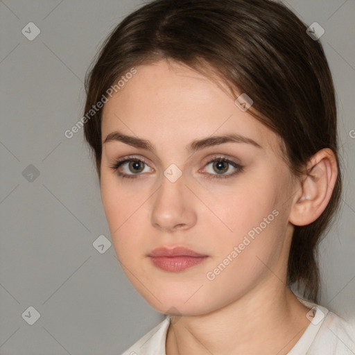 Neutral white young-adult female with medium  brown hair and brown eyes