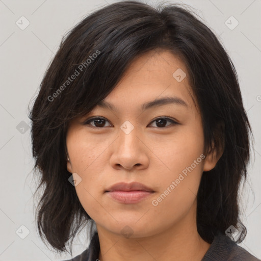 Neutral asian young-adult female with medium  brown hair and brown eyes