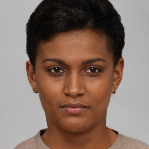 Neutral latino young-adult female with short  black hair and brown eyes
