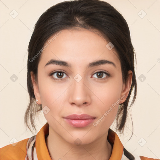 Neutral white young-adult female with medium  brown hair and brown eyes