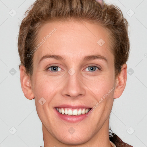 Joyful white young-adult female with short  brown hair and grey eyes