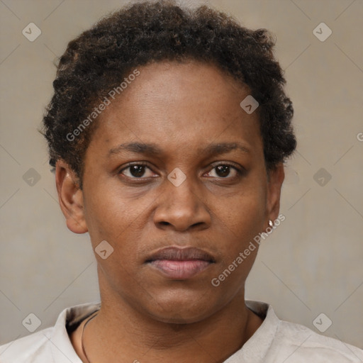 Neutral black young-adult female with short  brown hair and brown eyes