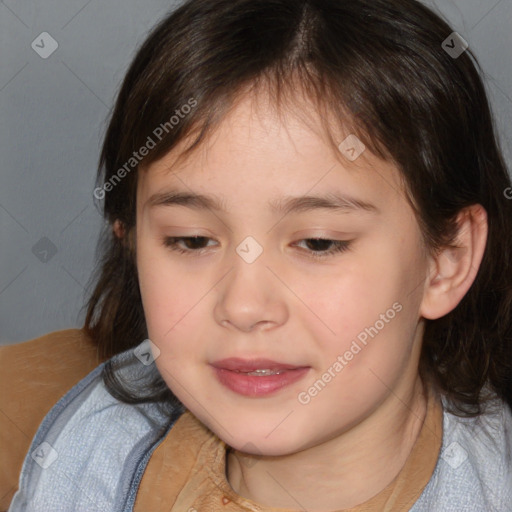 Joyful white child female with medium  brown hair and brown eyes