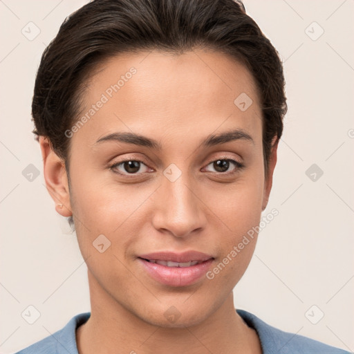 Joyful white young-adult female with short  brown hair and brown eyes