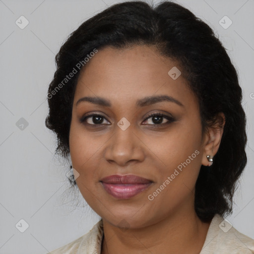 Joyful black young-adult female with medium  brown hair and brown eyes