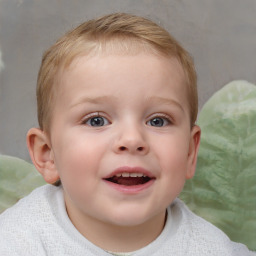 Joyful white child female with short  brown hair and blue eyes